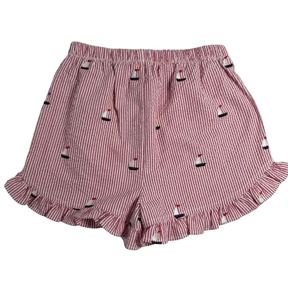 Kelly’s Kids Sailboat Seersucker Ruffle Hem Shorts Girls Size 6-7 EUC